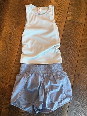 Girls Yogalicious Blue Ribbed Tank Top & Dusty Blue Elastic-Waist Shorts Set